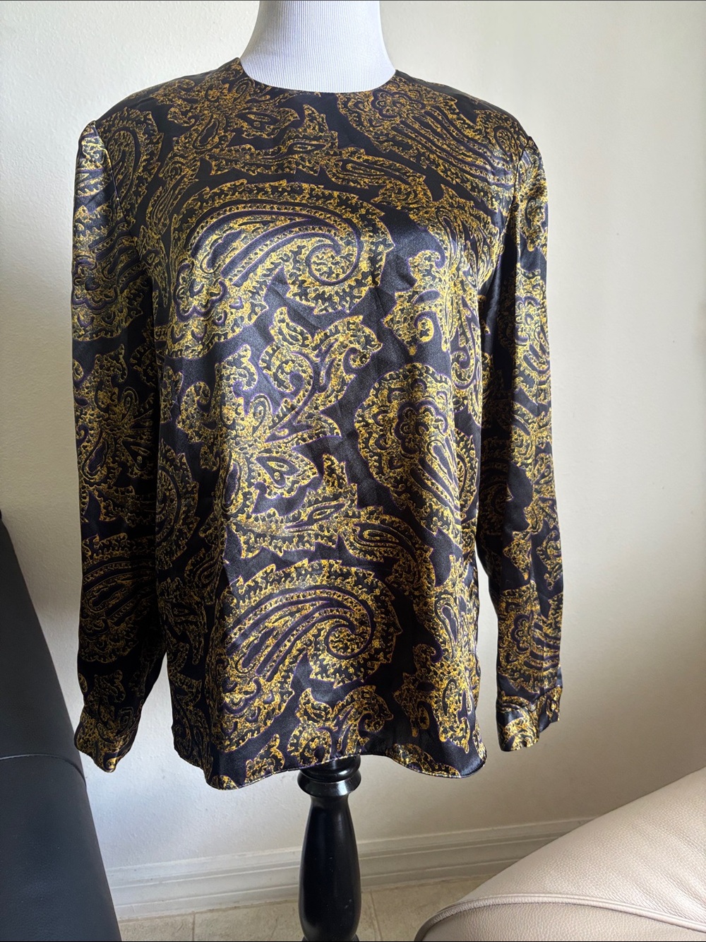 Albert Nipon Black and Gold Paisley Long-Sleeve Top